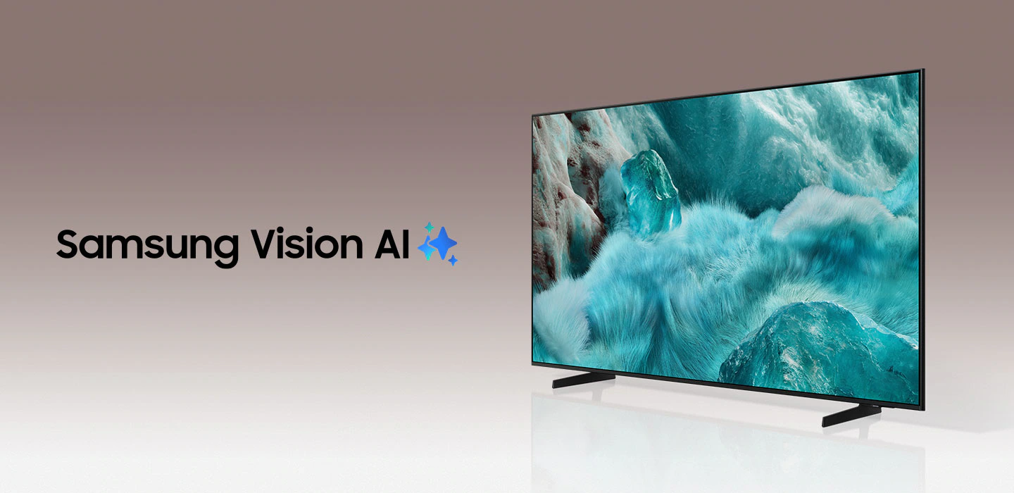 Слова Samsung Vision AI сопровождаются логотипом Samsung AI. Рядом включается телевизор, отображающий синий пейзаж.