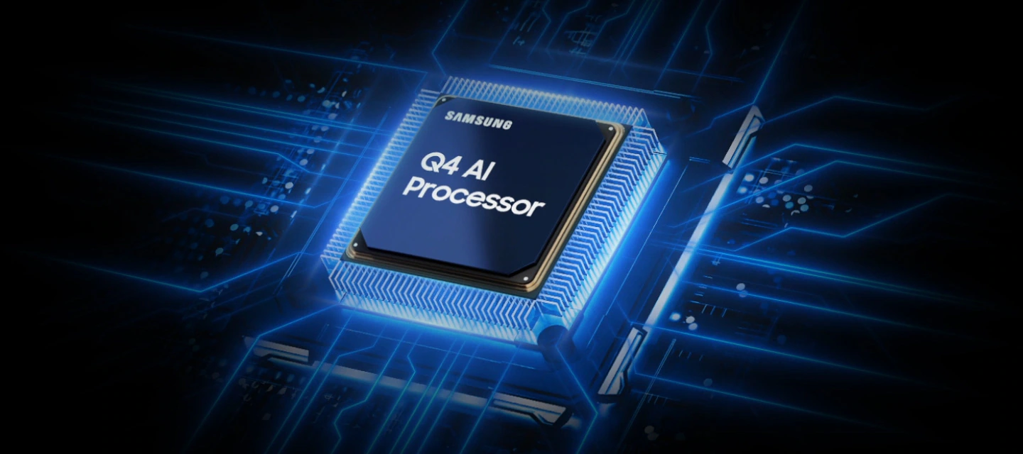 Чип процессора искусственного интеллекта Samsung Q4 опускается на основную плату телевизора и загорается волнами энергии, исходящими от чипа к остальной части телевизора.