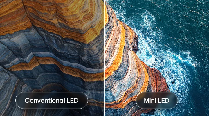 LG QNED AI QNED70 Mini LED &mdash; сравнение Mini LED с обычными светодиодами: более глубокий черный цвет и четкая текстура