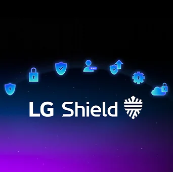 Эмблема LG Shield на темном фоне с иконками безопасности подчеркивает, что webOS обеспечивает защиту конфиденциальности, данных и целостности системы